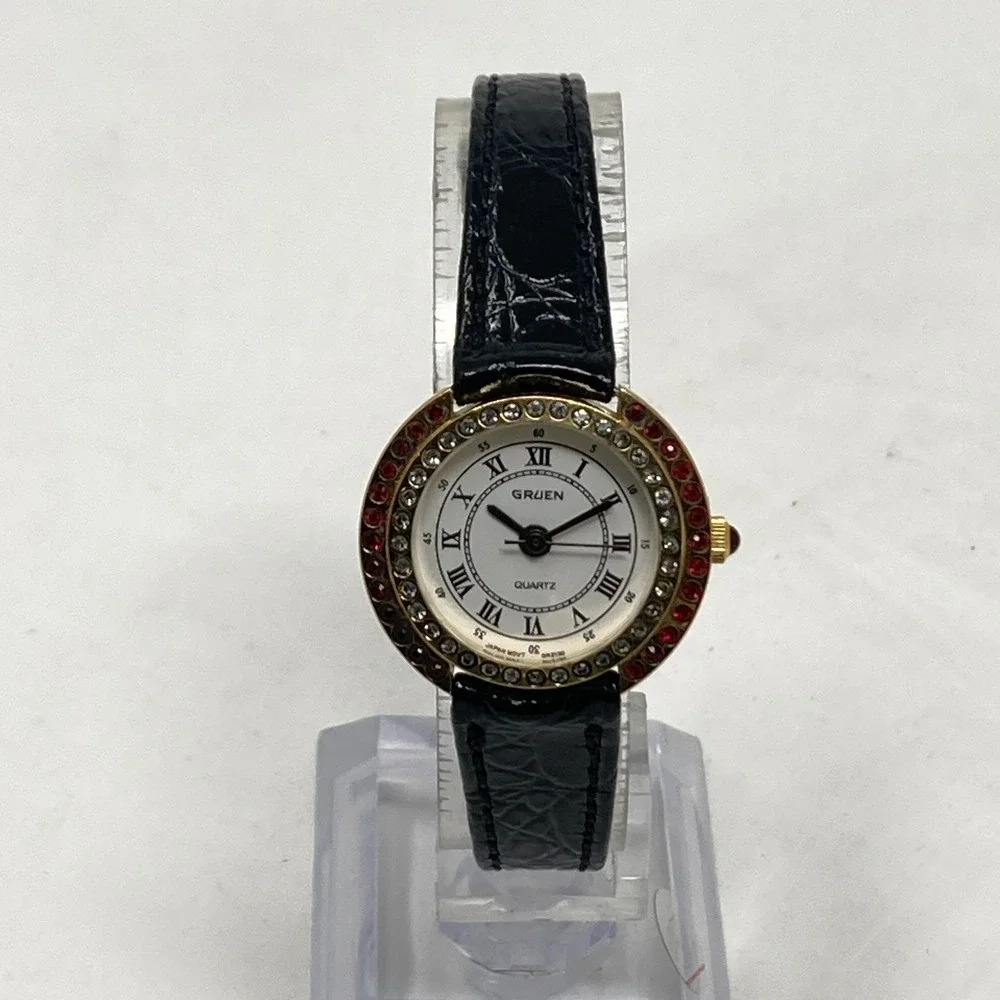 Vintage Gruen Women's Watch Red Crystals Gold Tone 26mm Bling New Battery 7.25